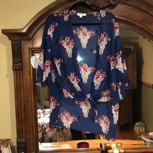 blue, cattle skull kimono